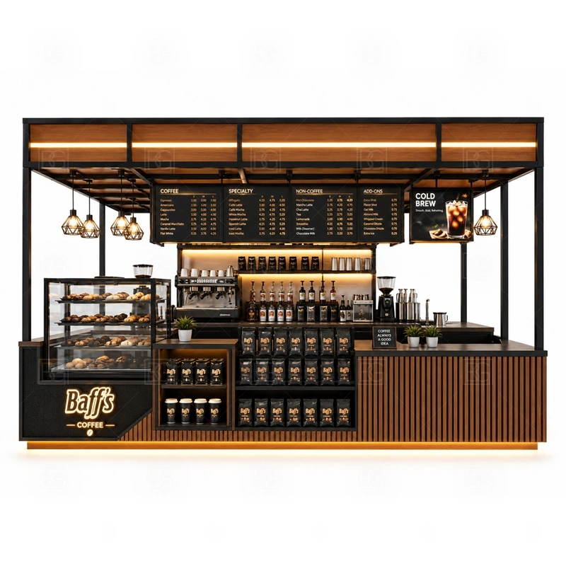Coffee Bar Kiosk with Menu Board storage detail for cup storage, bean storage, under-counter fridge space, packaging drawers, cleaning supply cabinets, and cable routes planned for coffee bar kiosk with menu board
