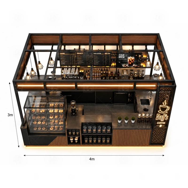 Coffee Bar Kiosk with Menu Board buyer planning detail for Coffee Bar Kiosk with Menu Board target size, espresso machine dimensions, grinder position, sink requirement, fridge size, menu board size, power and plumbing, destination country