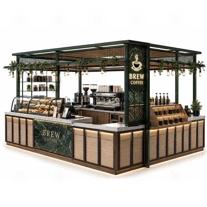 Coffee Booth Design for Shopping Mall with shopping mall approval, multi-side customer approach, and busy food court operation shown in the coffee booth design for shopping mall product photos for coffee and beverage retail