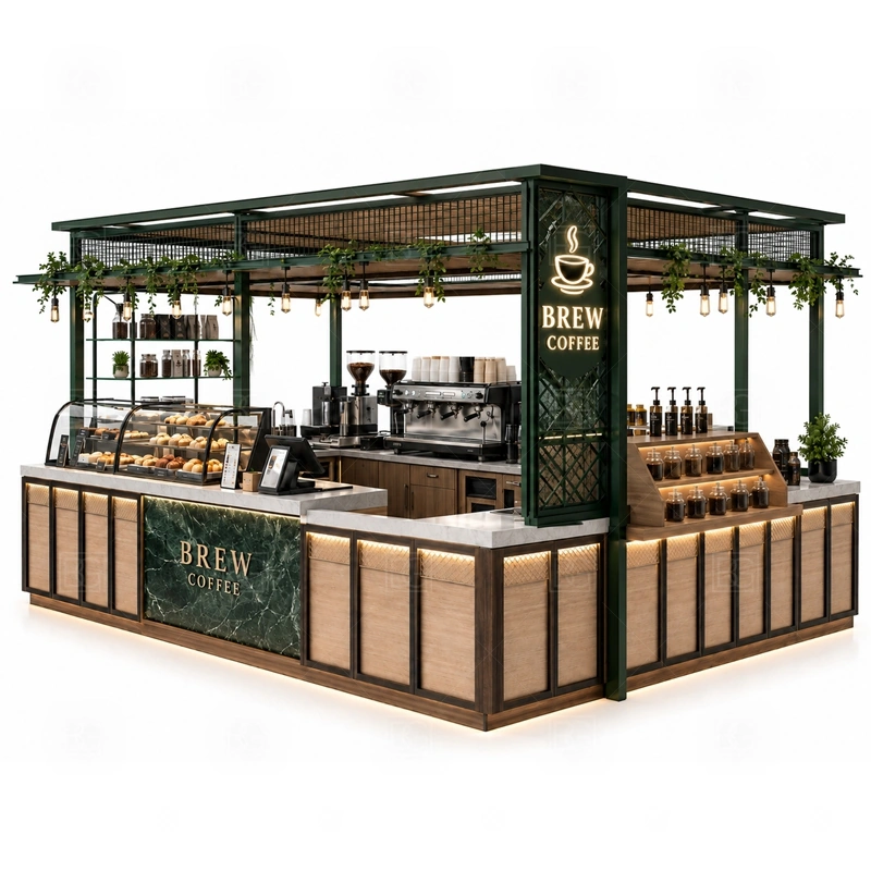 Coffee Booth Design for Shopping Mall layout showing equipment-first coffee counter planning shown in the coffee booth design for shopping mall product photos, with brand-led retail locations where signage and product visibility need to work together
