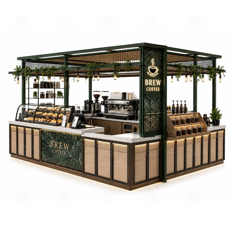 Coffee Booth Design for Shopping Mall display detail for espresso counter, menu board, pickup area, cup storage, dessert display, and customer-facing brand panels planned for coffee booth design for shopping mall