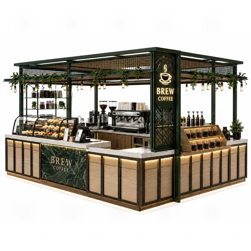 Coffee Booth Design for Shopping Mall branding detail for logo panels, menu boards, front graphics, side signs, and coffee brand colors coordinated for coffee booth design for shopping mall