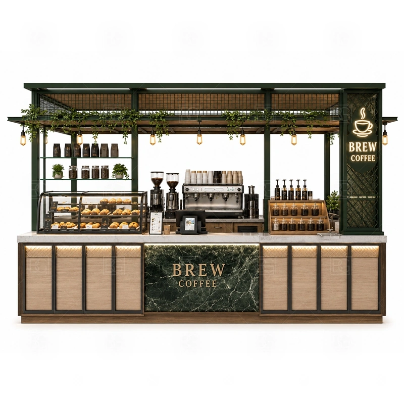 Coffee Booth Design for Shopping Mall storage detail for cup storage, bean storage, under-counter fridge space, packaging drawers, cleaning supply cabinets, and cable routes planned for coffee booth design for shopping mall