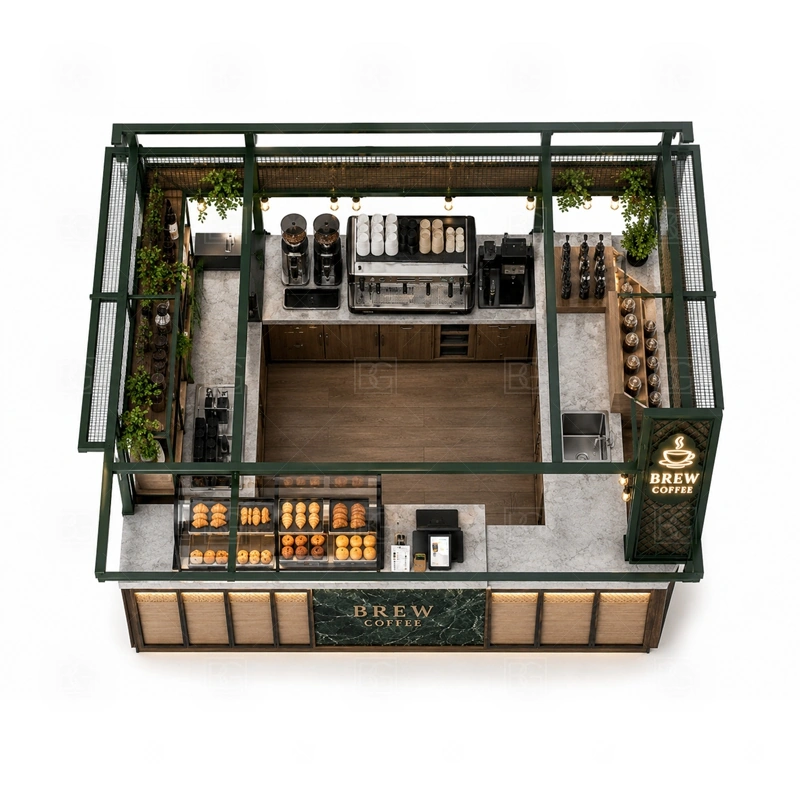 Coffee Booth Design for Shopping Mall buyer planning detail for Coffee Booth Design for Shopping Mall target size, espresso machine dimensions, grinder position, sink requirement, fridge size, menu board size, power and plumbing, destination country