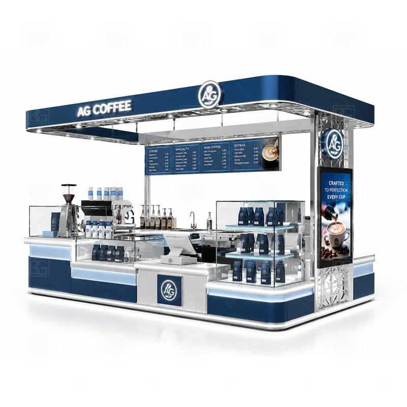 Coffee Cart Style Kiosk for Mall with compact mobile coffee service, flexible mall placement, and practical under-counter storage shown in the coffee cart style kiosk for mall product photos for coffee and beverage retail
