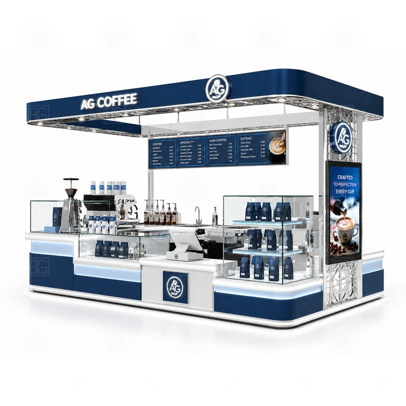 Coffee Cart Style Kiosk for Mall layout showing equipment-first coffee counter planning shown in the coffee cart style kiosk for mall product photos, with food court traffic where order, payment, and pickup need a clean sequence