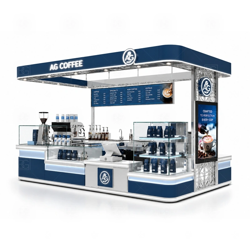 Coffee Cart Style Kiosk for Mall display detail for espresso counter, menu board, pickup area, cup storage, dessert display, and customer-facing brand panels planned for coffee cart style kiosk for mall