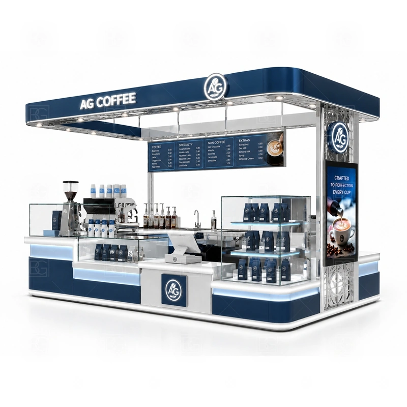 Coffee Cart Style Kiosk for Mall branding detail for logo panels, menu boards, front graphics, side signs, and coffee brand colors coordinated for coffee cart style kiosk for mall