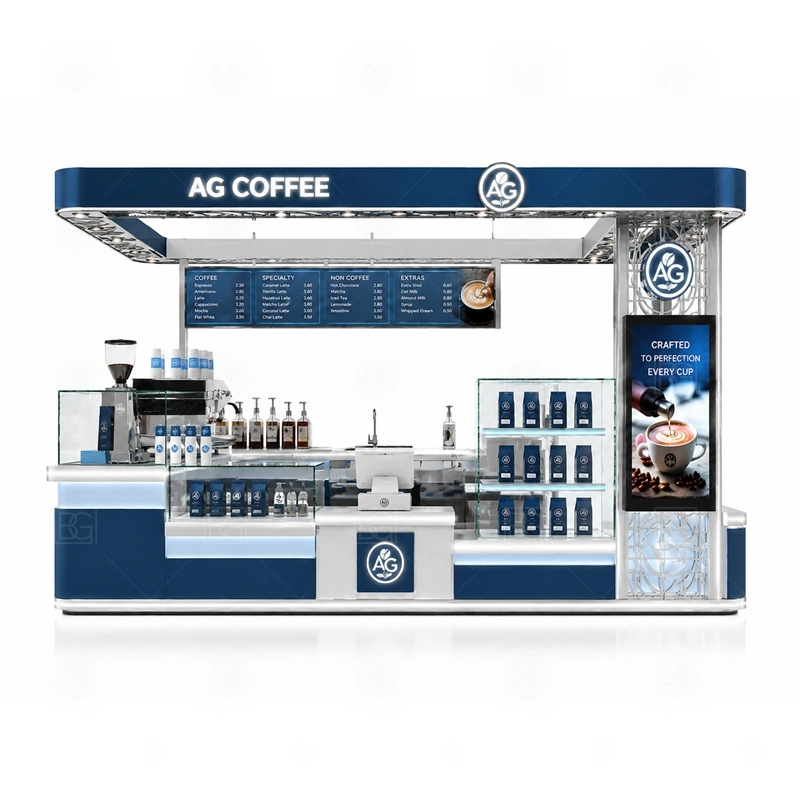 Coffee Cart Style Kiosk for Mall storage detail for cup storage, bean storage, under-counter fridge space, packaging drawers, cleaning supply cabinets, and cable routes planned for coffee cart style kiosk for mall