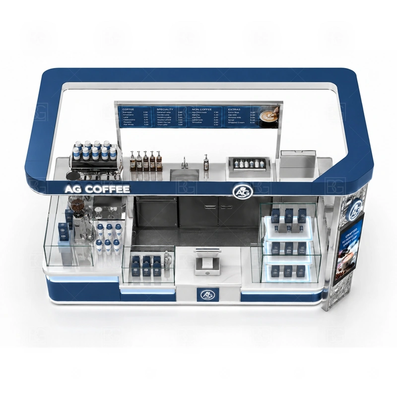 Coffee Cart Style Kiosk for Mall buyer planning detail for Coffee Cart Style Kiosk for Mall target size, espresso machine dimensions, grinder position, sink requirement, fridge size, menu board size, power and plumbing, destination country