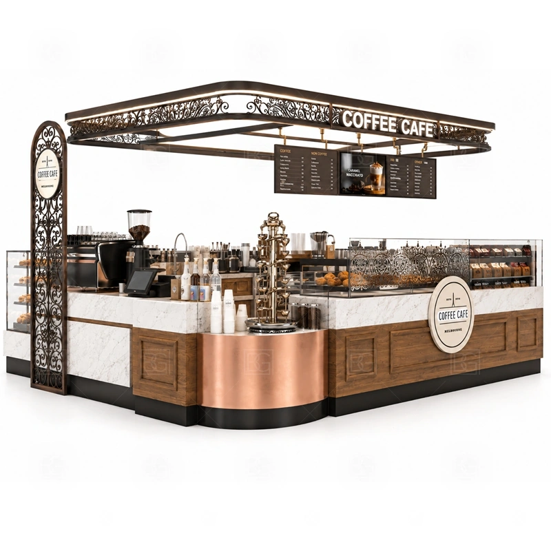 Coffee Carts and Mall Kiosk Design layout showing equipment-first coffee counter planning shown in the coffee carts and mall kiosk design product photos, with brand-led retail locations where signage and product visibility need to work together