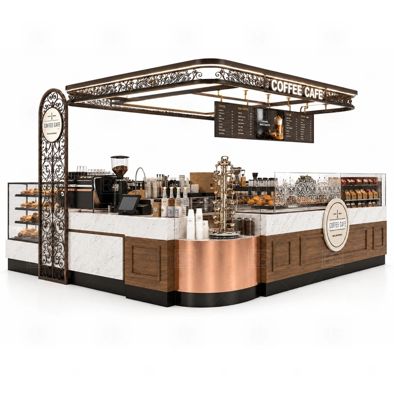 Coffee Carts and Mall Kiosk Design display detail for espresso counter, menu board, pickup area, cup storage, dessert display, and customer-facing brand panels planned for coffee carts and mall kiosk design