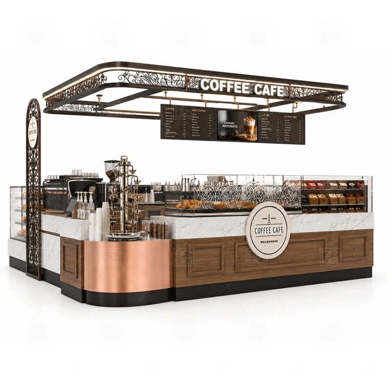 Coffee Carts and Mall Kiosk Design branding detail for logo panels, menu boards, front graphics, side signs, and coffee brand colors coordinated for coffee carts and mall kiosk design