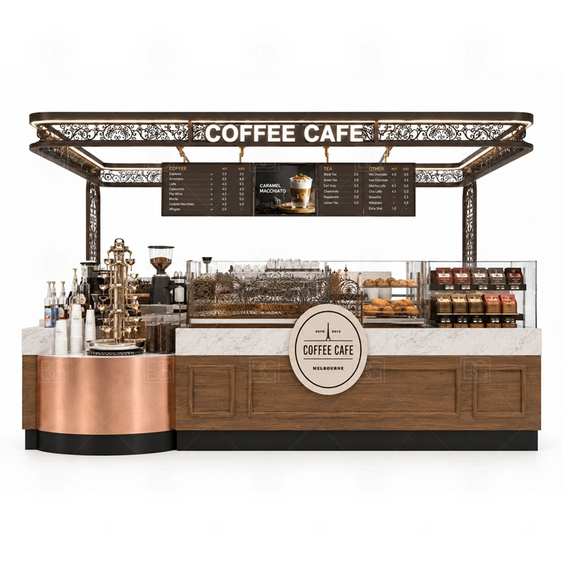 Coffee Carts and Mall Kiosk Design storage detail for cup storage, bean storage, under-counter fridge space, packaging drawers, cleaning supply cabinets, and cable routes planned for coffee carts and mall kiosk design
