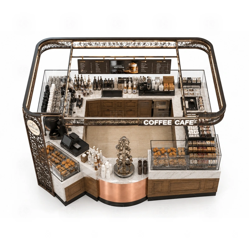Coffee Carts and Mall Kiosk Design buyer planning detail for Coffee Carts and Mall Kiosk Design target size, espresso machine dimensions, grinder position, sink requirement, fridge size, menu board size, power and plumbing, destination country