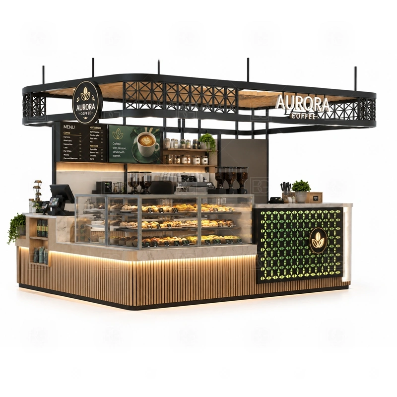 Coffee Counter Kiosk for Beverage Business layout showing equipment-first coffee counter planning shown in the coffee counter kiosk for beverage business product photos, with front-facing mall traffic with a clear customer approach and staff side behind the counter