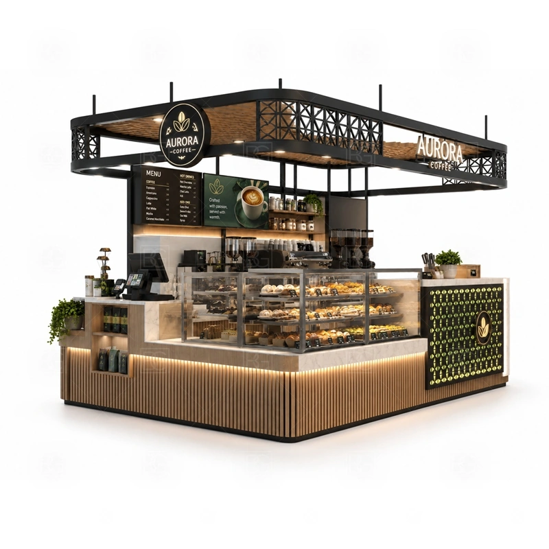 Coffee Counter Kiosk for Beverage Business display detail for espresso counter, menu board, pickup area, cup storage, dessert display, and customer-facing brand panels planned for coffee counter kiosk for beverage business