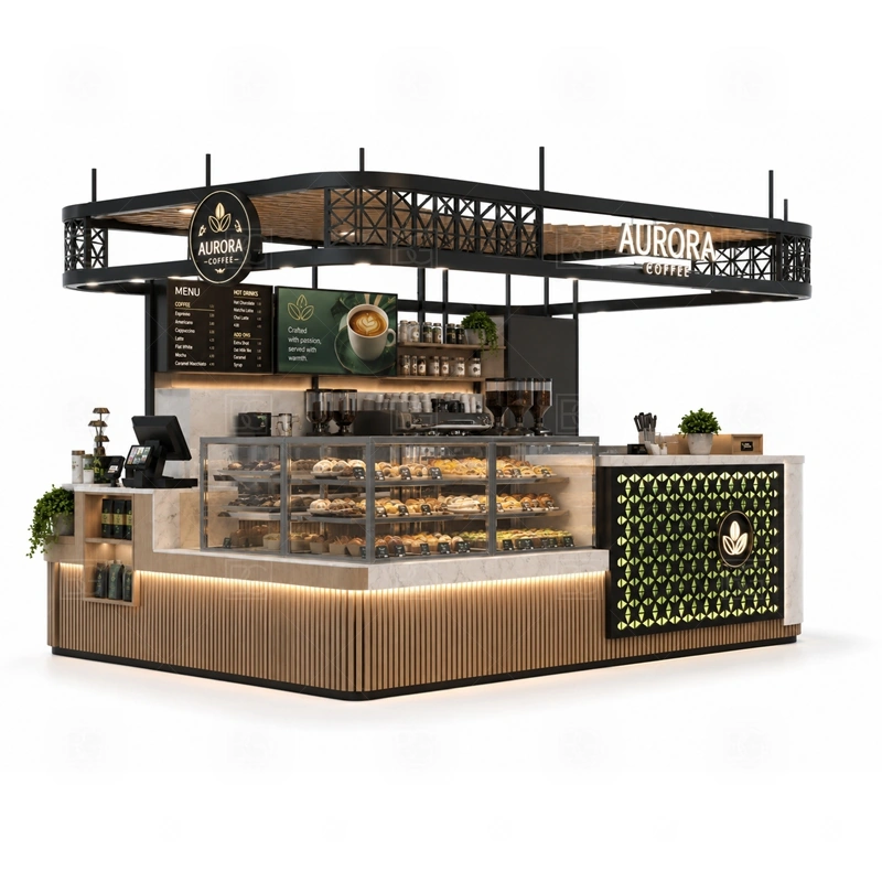 Coffee Counter Kiosk for Beverage Business branding detail for logo panels, menu boards, front graphics, side signs, and coffee brand colors coordinated for coffee counter kiosk for beverage business