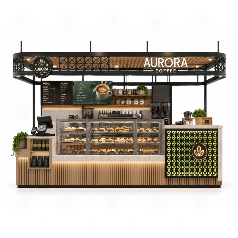 Coffee Counter Kiosk for Beverage Business storage detail for cup storage, bean storage, under-counter fridge space, packaging drawers, cleaning supply cabinets, and cable routes planned for coffee counter kiosk for beverage business