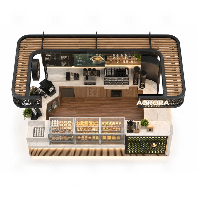 Coffee Counter Kiosk for Beverage Business buyer planning detail for Coffee Counter Kiosk for Beverage Business target size, espresso machine dimensions, grinder position, sink requirement, fridge size, menu board size, power and plumbing, destination country