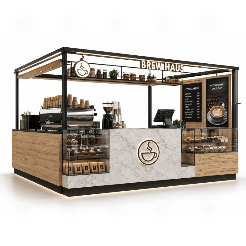 Coffee Display Kiosk with Service Counter with coffee drinks, dessert display, glass showcase visibility, and counter service flow shown in the coffee display kiosk with service counter product photos for coffee and beverage retail