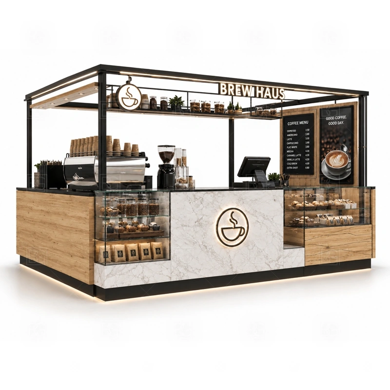Coffee Display Kiosk with Service Counter layout showing equipment-first coffee counter planning shown in the coffee display kiosk with service counter product photos, with front-facing mall traffic with a clear customer approach and staff side behind the counter