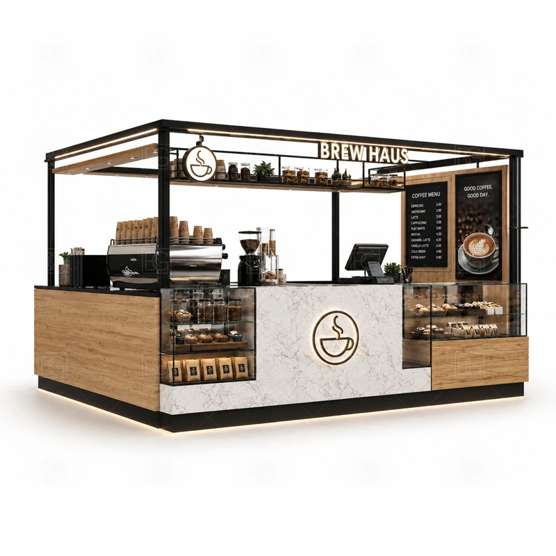 Coffee Display Kiosk with Service Counter display detail for espresso counter, menu board, pickup area, cup storage, dessert display, and customer-facing brand panels planned for coffee display kiosk with service counter