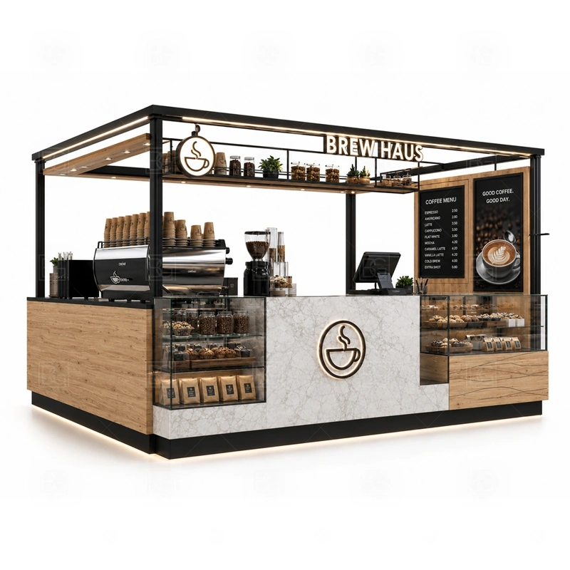 Coffee Display Kiosk with Service Counter branding detail for logo panels, menu boards, front graphics, side signs, and coffee brand colors coordinated for coffee display kiosk with service counter