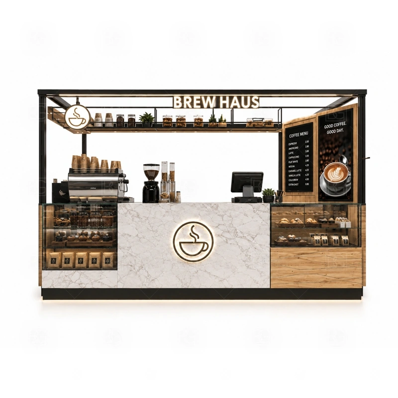 Coffee Display Kiosk with Service Counter storage detail for cup storage, bean storage, under-counter fridge space, packaging drawers, cleaning supply cabinets, and cable routes planned for coffee display kiosk with service counter