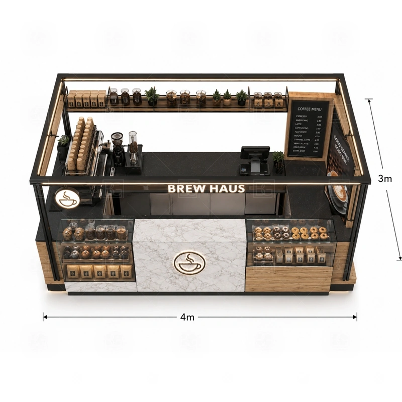 Coffee Display Kiosk with Service Counter buyer planning detail for Coffee Display Kiosk with Service Counter target size, espresso machine dimensions, grinder position, sink requirement, fridge size, menu board size, power and plumbing, destination country