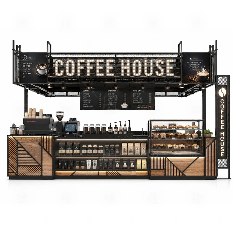 Coffee House Kiosk for Shopping Center with coffee service layout, equipment planning, display counter design, and brand presentation shown in the coffee house kiosk for shopping center product photos for coffee and beverage retail