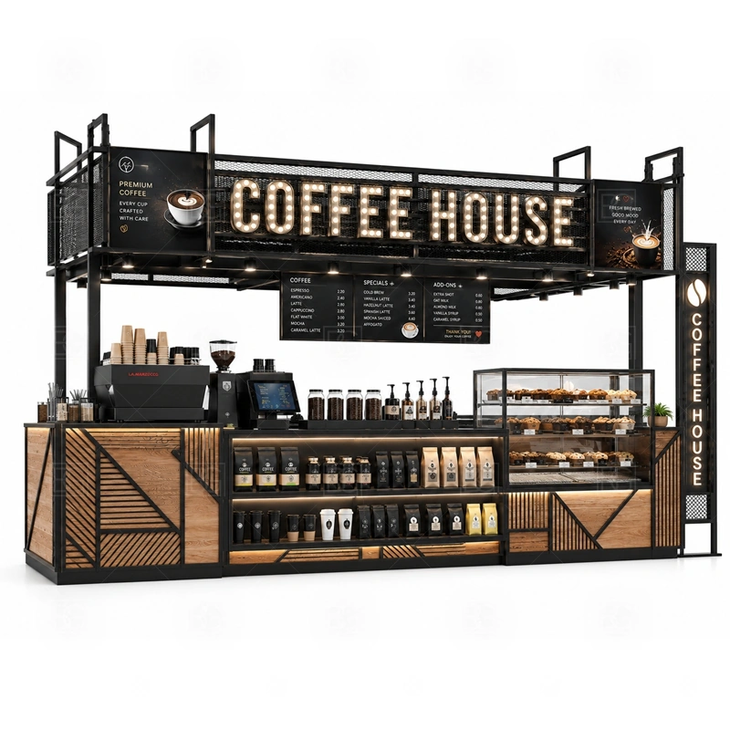Coffee House Kiosk for Shopping Center layout showing equipment-first coffee counter planning shown in the coffee house kiosk for shopping center product photos, with center-court traffic where customers may approach from more than one direction