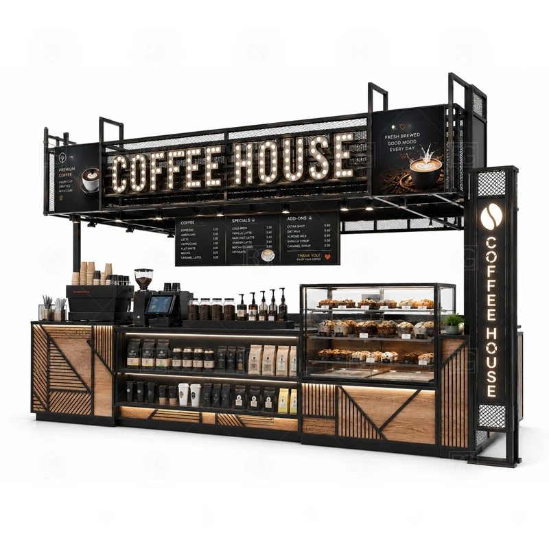 Coffee House Kiosk for Shopping Center display detail for espresso counter, menu board, pickup area, cup storage, dessert display, and customer-facing brand panels planned for coffee house kiosk for shopping center
