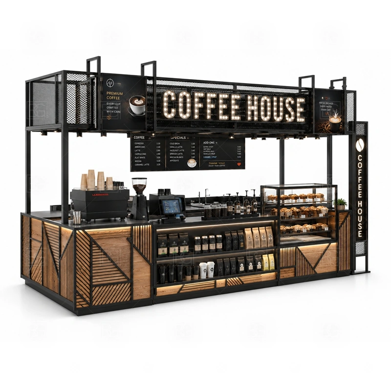 Coffee House Kiosk for Shopping Center branding detail for logo panels, menu boards, front graphics, side signs, and coffee brand colors coordinated for coffee house kiosk for shopping center