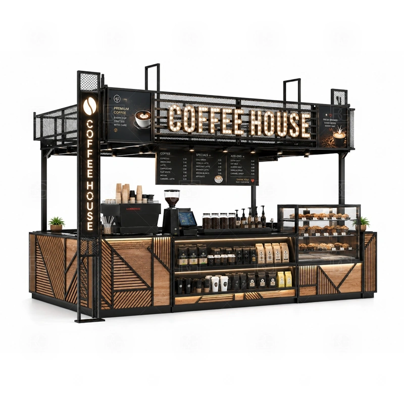 Coffee House Kiosk for Shopping Center storage detail for cup storage, bean storage, under-counter fridge space, packaging drawers, cleaning supply cabinets, and cable routes planned for coffee house kiosk for shopping center