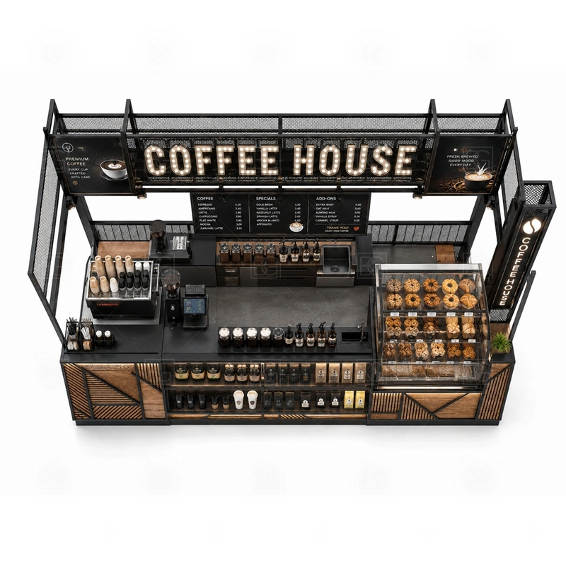 Coffee House Kiosk for Shopping Center buyer planning detail for Coffee House Kiosk for Shopping Center target size, espresso machine dimensions, grinder position, sink requirement, fridge size, menu board size, power and plumbing, destination country