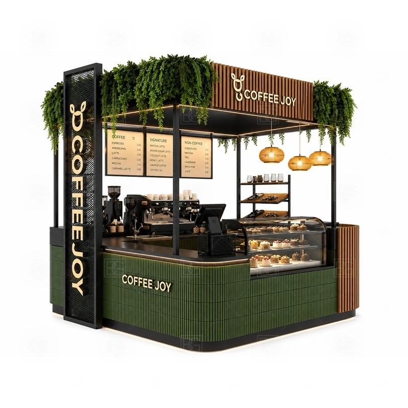 Coffee Kiosk Espresso Booth for Sale layout showing equipment-first coffee counter planning shown in the coffee kiosk espresso booth for sale product photos, with brand-led retail locations where signage and product visibility need to work together