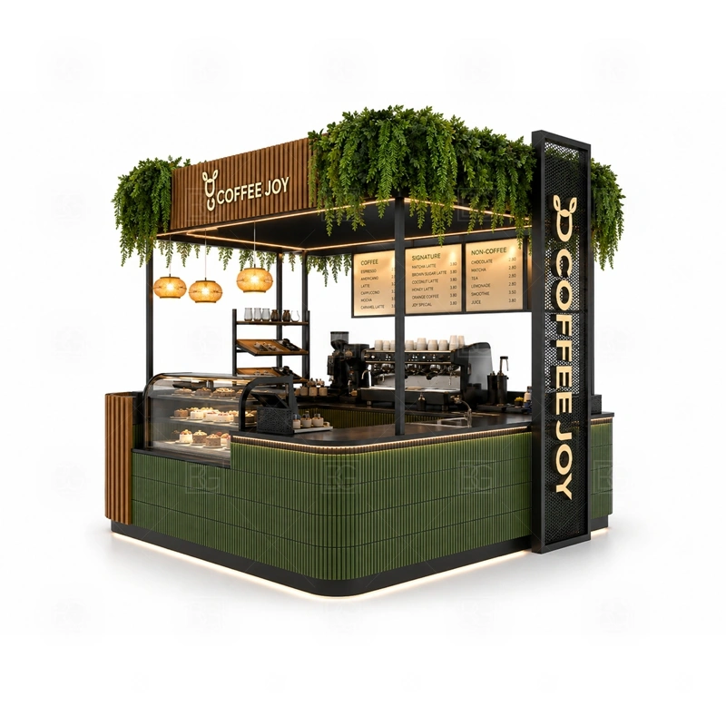 Coffee Kiosk Espresso Booth for Sale display detail for espresso counter, menu board, pickup area, cup storage, dessert display, and customer-facing brand panels planned for coffee kiosk espresso booth for sale