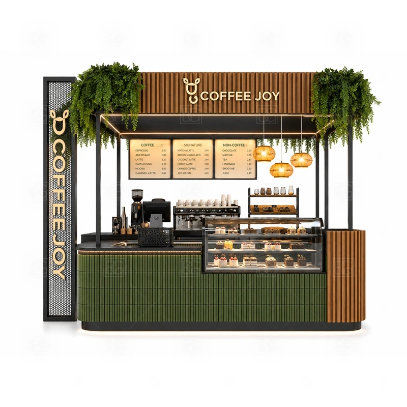 Coffee Kiosk Espresso Booth for Sale storage detail for cup storage, bean storage, under-counter fridge space, packaging drawers, cleaning supply cabinets, and cable routes planned for coffee kiosk espresso booth for sale