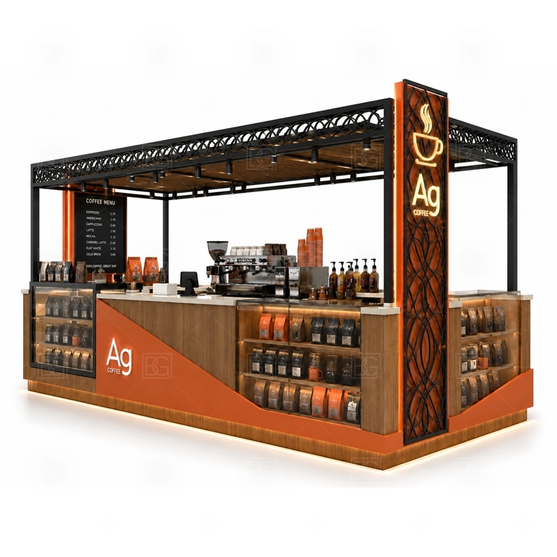 Coffee Kiosk Manufacturer Custom Design layout showing equipment-first coffee counter planning shown in the coffee kiosk manufacturer custom design product photos, with compact lease areas where storage and customer flow must be planned carefully