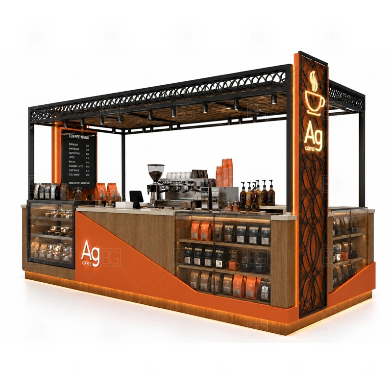 Coffee Kiosk Manufacturer Custom Design display detail for espresso counter, menu board, pickup area, cup storage, dessert display, and customer-facing brand panels planned for coffee kiosk manufacturer custom design
