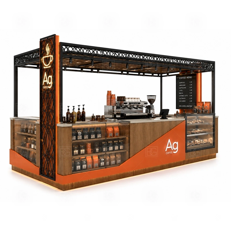 Coffee Kiosk Manufacturer Custom Design branding detail for logo panels, menu boards, front graphics, side signs, and coffee brand colors coordinated for coffee kiosk manufacturer custom design