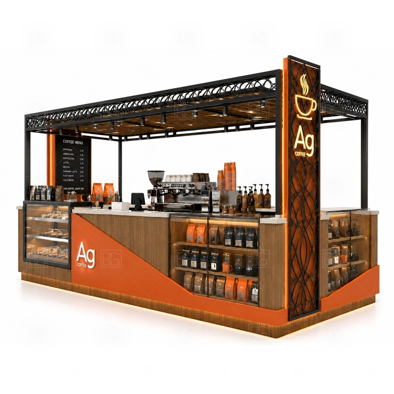 Coffee Kiosk Manufacturer Custom Design storage detail for cup storage, bean storage, under-counter fridge space, packaging drawers, cleaning supply cabinets, and cable routes planned for coffee kiosk manufacturer custom design