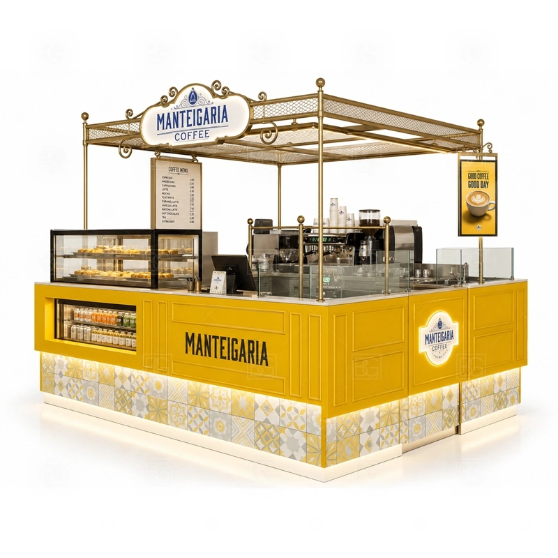 Coffee Kiosk Price and Custom Design layout showing equipment-first coffee counter planning shown in the coffee kiosk price and custom design product photos, with compact lease areas where storage and customer flow must be planned carefully