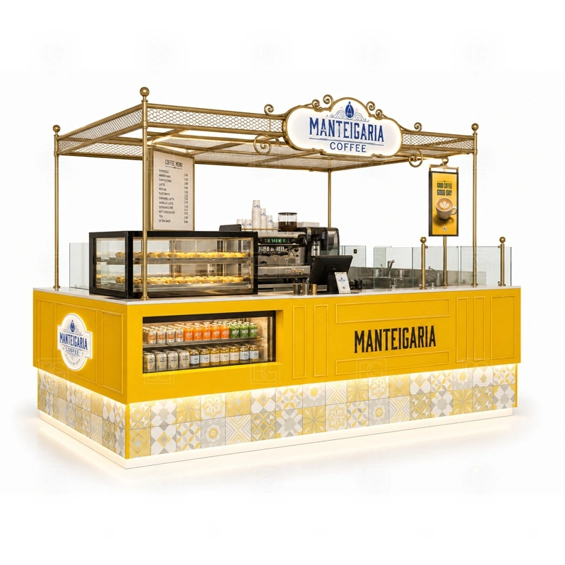Coffee Kiosk Price and Custom Design display detail for espresso counter, menu board, pickup area, cup storage, dessert display, and customer-facing brand panels planned for coffee kiosk price and custom design
