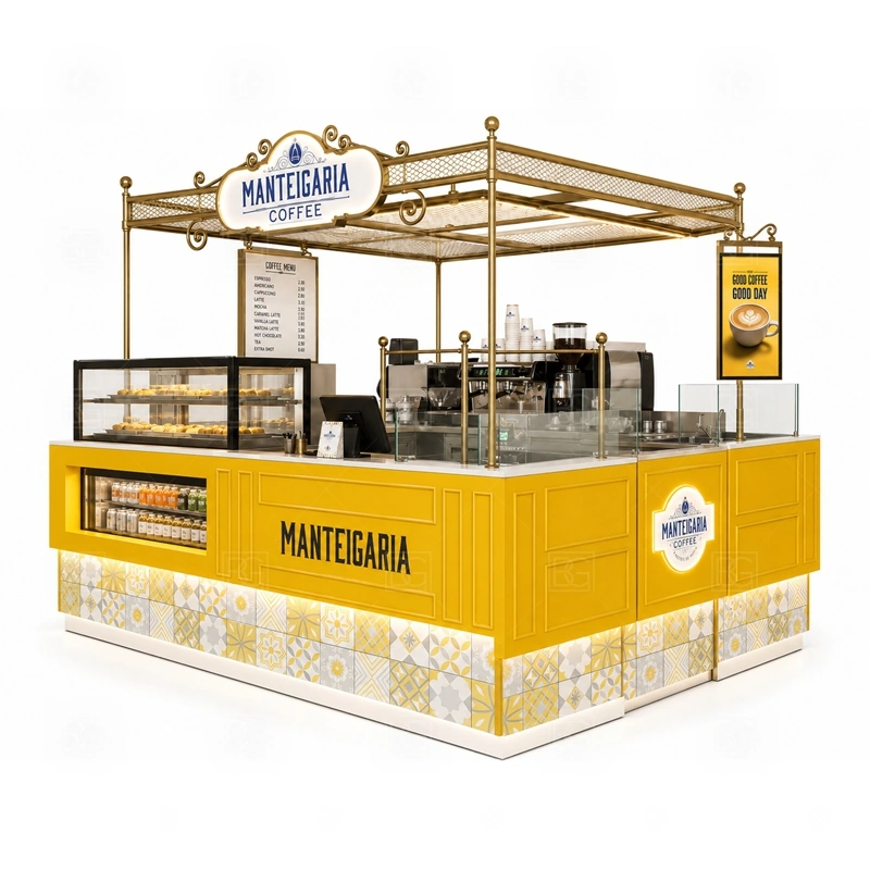 Coffee Kiosk Price and Custom Design branding detail for logo panels, menu boards, front graphics, side signs, and coffee brand colors coordinated for coffee kiosk price and custom design