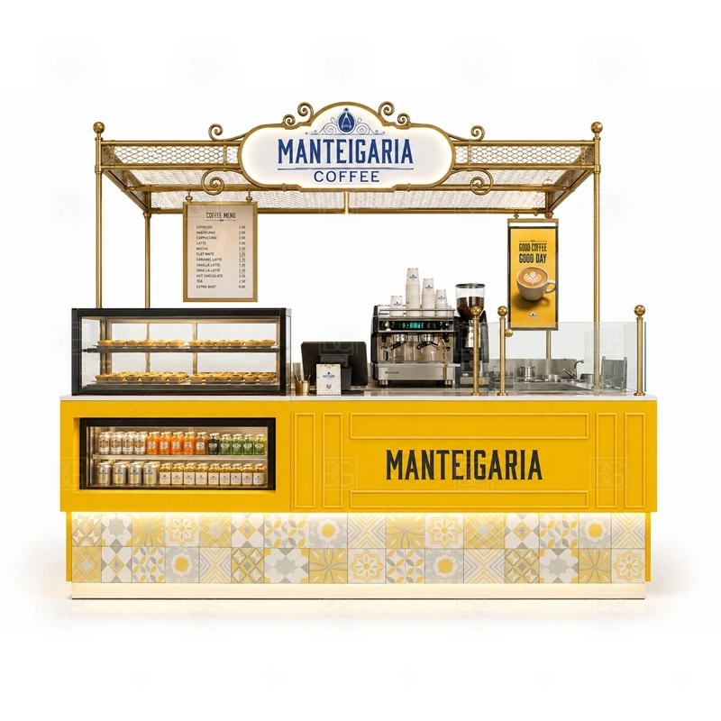 Coffee Kiosk Price and Custom Design storage detail for cup storage, bean storage, under-counter fridge space, packaging drawers, cleaning supply cabinets, and cable routes planned for coffee kiosk price and custom design