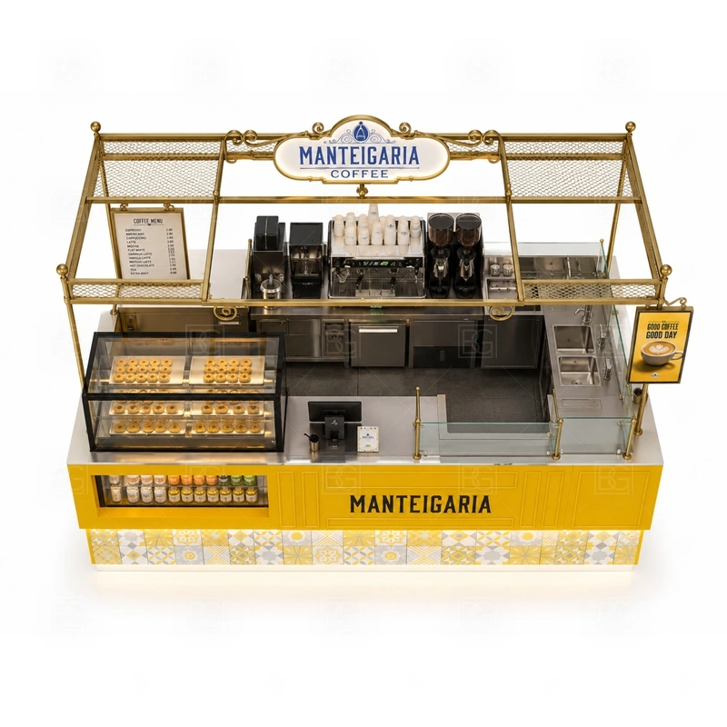 Coffee Kiosk Price and Custom Design buyer planning detail for Coffee Kiosk Price and Custom Design target size, espresso machine dimensions, grinder position, sink requirement, fridge size, menu board size, power and plumbing, destination country