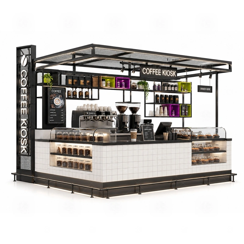 Coffee Kiosk Retail Food Booth for Sale with small business coffee service, booth layout, storage, and customer-facing product display shown in the coffee kiosk retail food booth for sale product photos for coffee and beverage retail