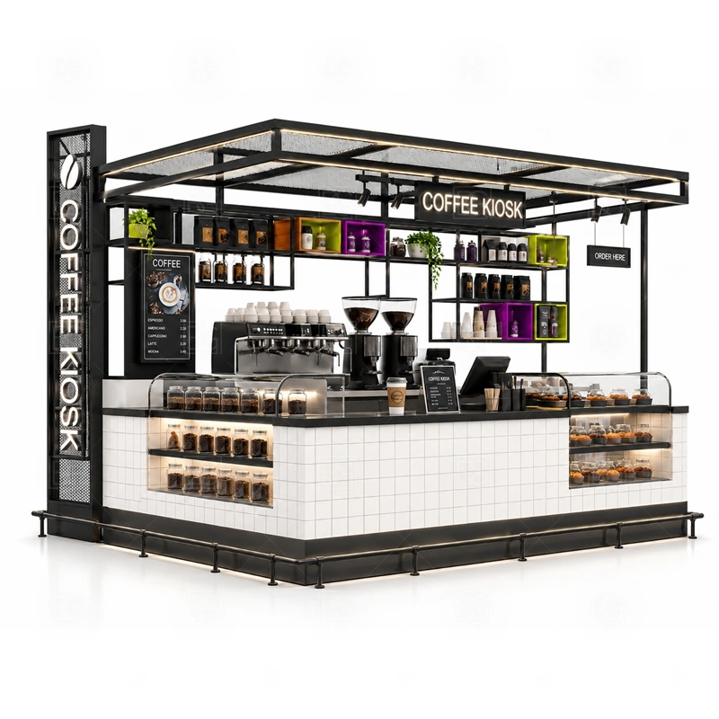 Coffee Kiosk Retail Food Booth for Sale layout showing equipment-first coffee counter planning shown in the coffee kiosk retail food booth for sale product photos, with food court traffic where order, payment, and pickup need a clean sequence